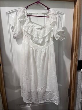 White Ruffled Peasant Midi Dress